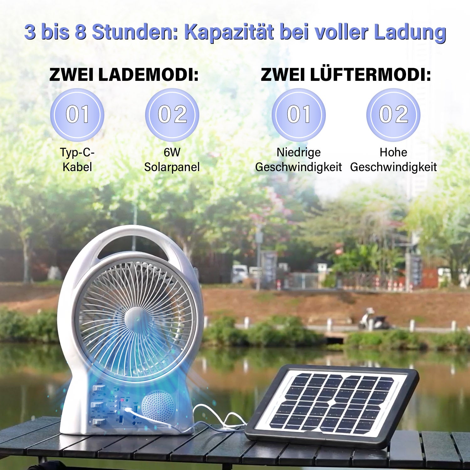 Tragbarer Mini-Solarventilator, Eingebauter 5500MAH Lithium-Akku, weiß