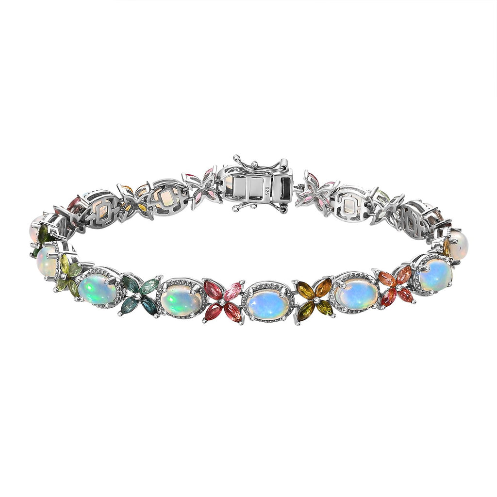 Natürliches, äthiopisches Welo Opal, mehrfarbiges Turmalin Armband, ca. 19 cm, 925 Silber platiniert ca. 11.70 ct