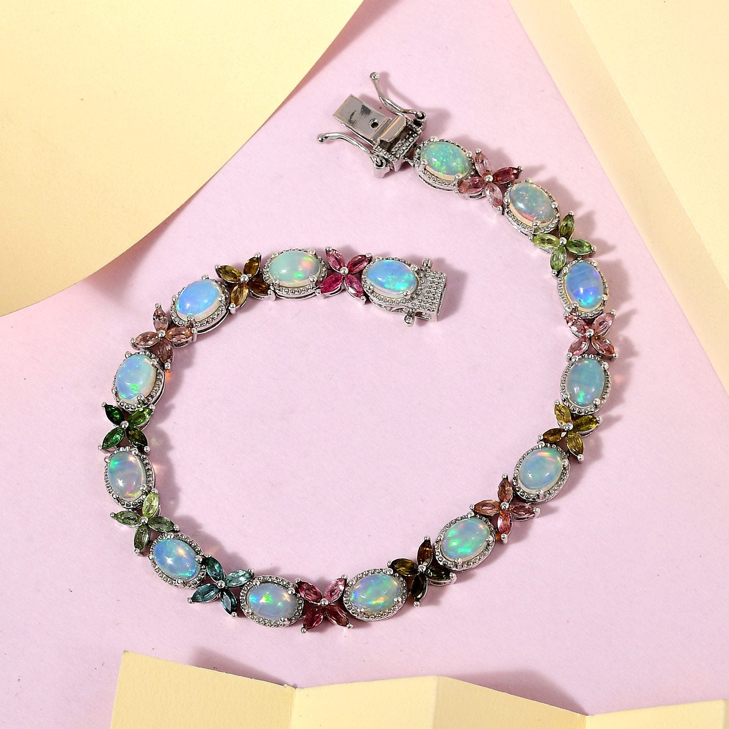 Natürliches, äthiopisches Welo Opal, mehrfarbiges Turmalin Armband, ca. 19 cm, 925 Silber platiniert ca. 11.70 ct