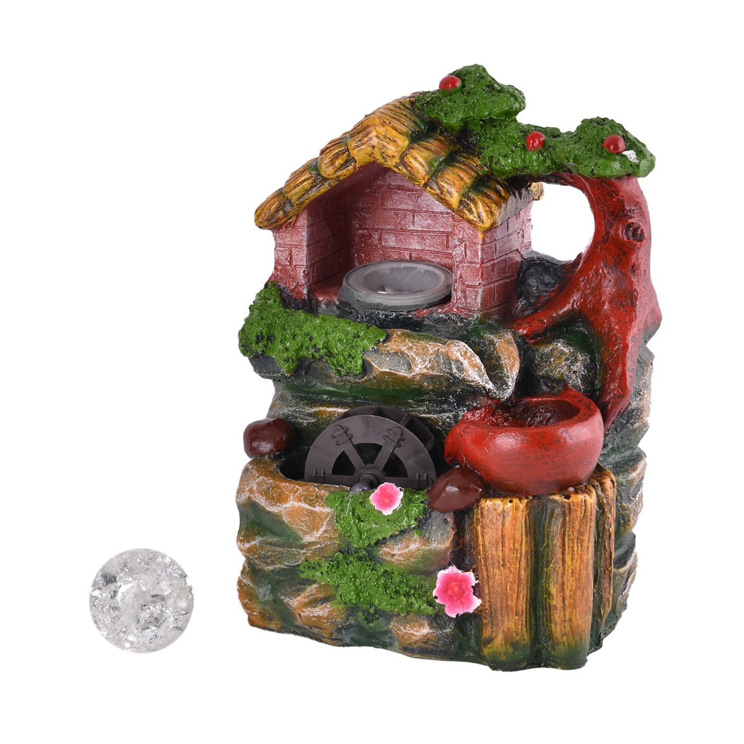 Wasserbrunnen mit LED Lichter und Kristallkugel, 15x12x20 cm, Rotes Haus und Mühlrad