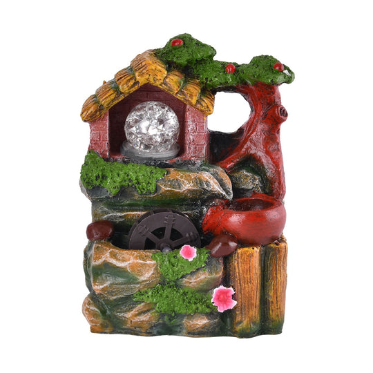 Wasserbrunnen mit LED Lichter und Kristallkugel, 15x12x20 cm, Rotes Haus und Mühlrad