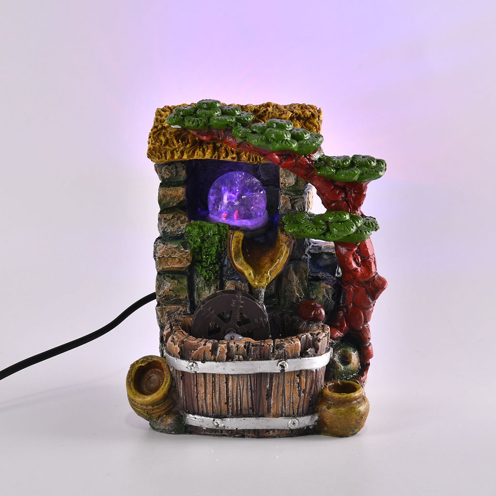 Wasserbrunnen mit LED Lichter und Kristallkugel, 17x14x21 cm, Stein Haus und Mühlrad
