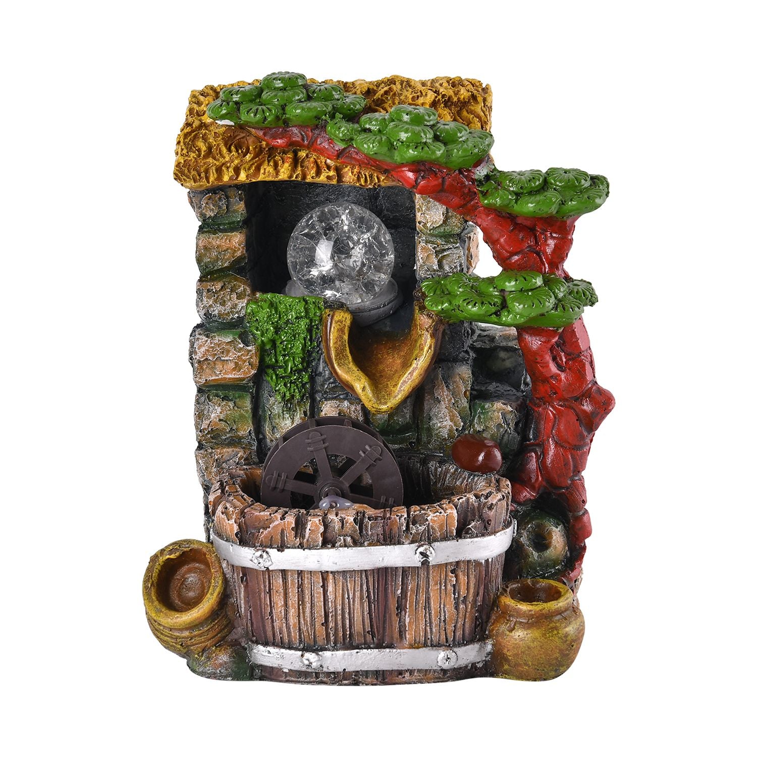Wasserbrunnen mit LED Lichter und Kristallkugel, 17x14x21 cm, Stein Haus und Mühlrad