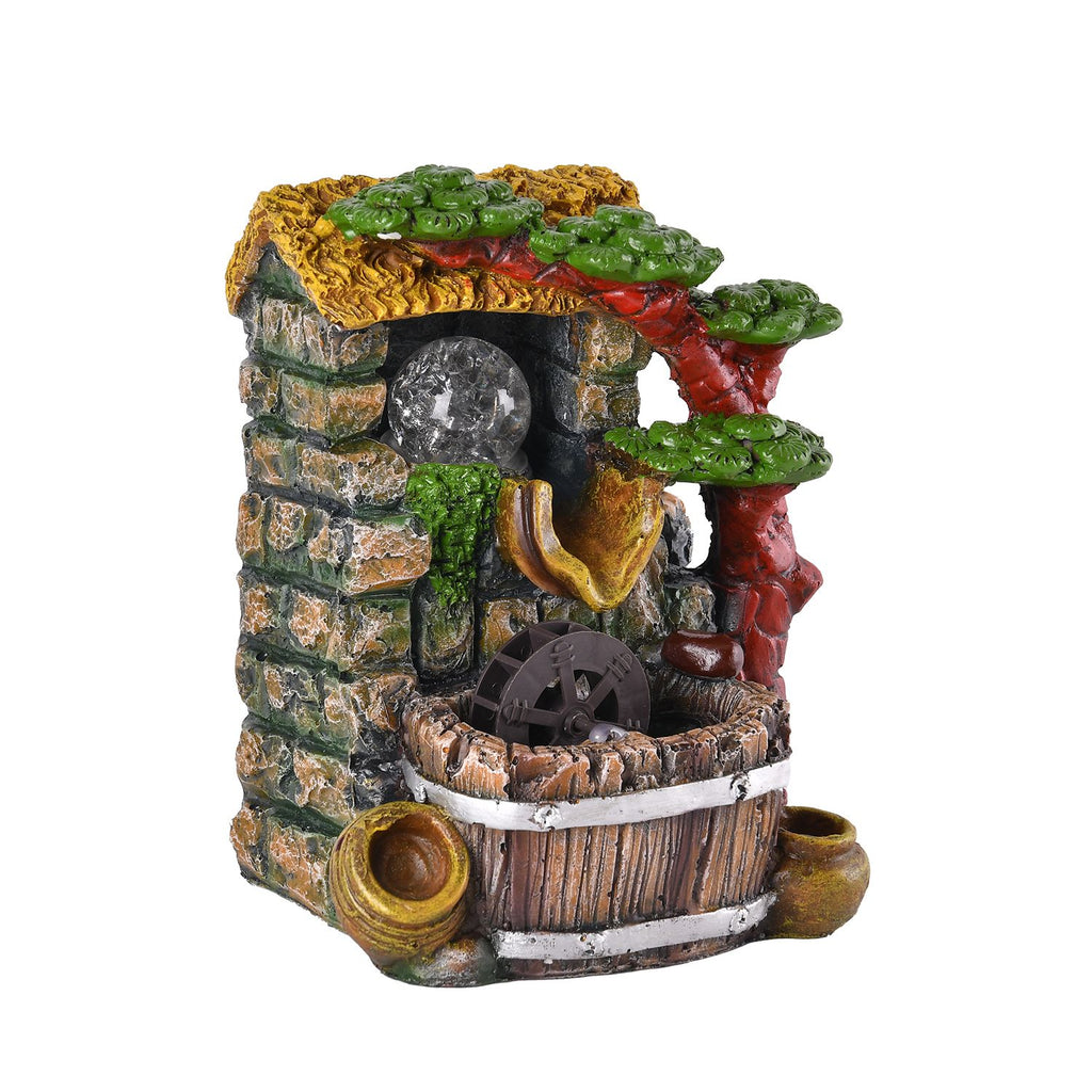 Wasserbrunnen mit LED Lichter und Kristallkugel, 17x14x21 cm, Stein Haus und Mühlrad