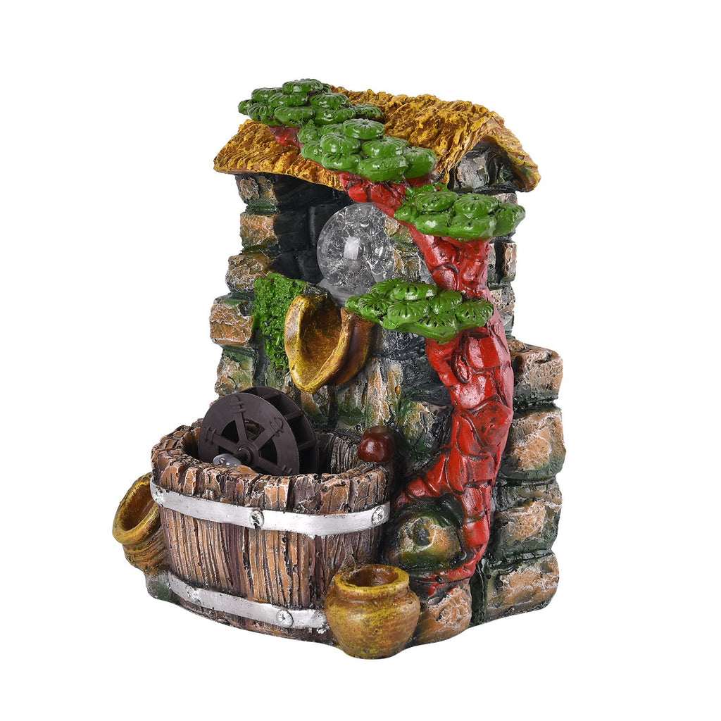 Wasserbrunnen mit LED Lichter und Kristallkugel, 17x14x21 cm, Stein Haus und Mühlrad