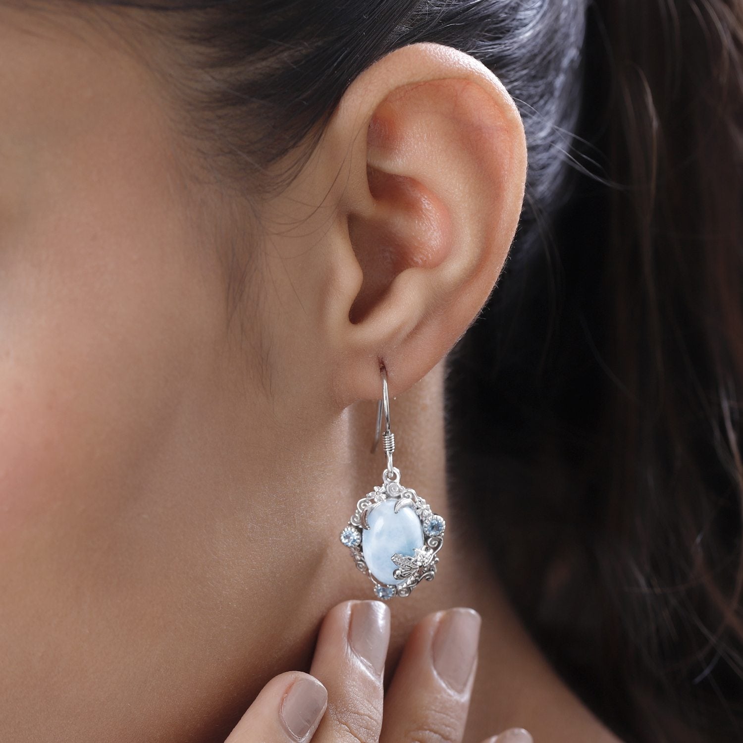 Larimar, Blau Topas Ohrringe, 925 Silber platiniert, ca. 14.68 ct