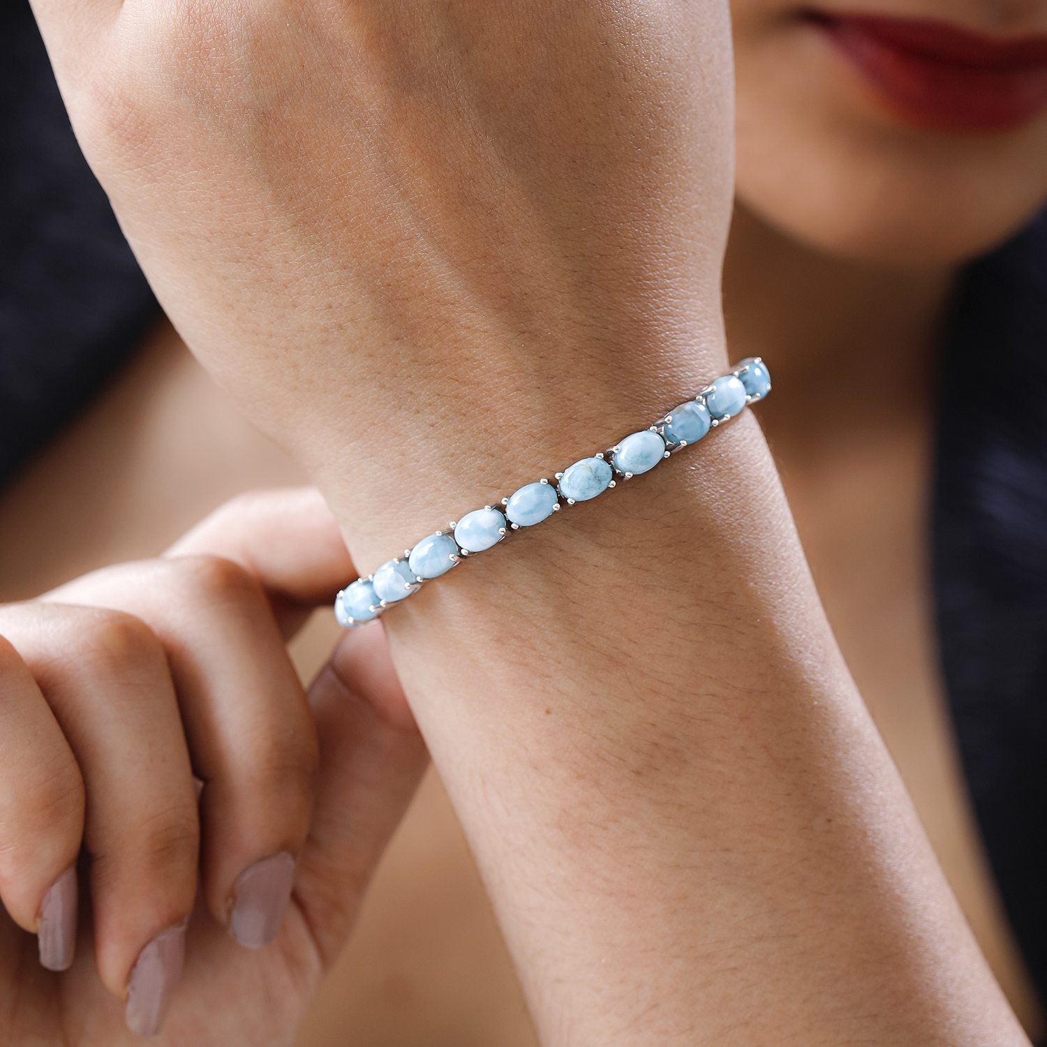 Larimar Armband, ca. 20 cm 925 Silber platiniert ca. 23.92 ct