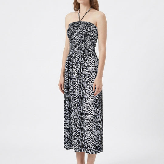 Halsträger in langem, gesmoktem Kleid, 32x75cm, brauner Leopardendruck