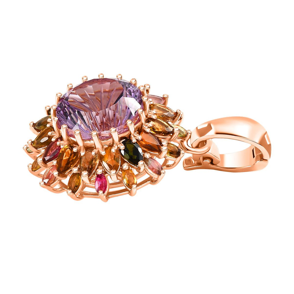Hanabi Schliff - Rose De France Amethyst und mehrfarbiger Turmalin-Anhänger 925 Silber Roségold Vermeil ca. 14.22 ct