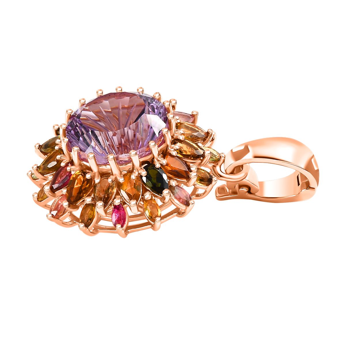 Hanabi Schliff - Rose De France Amethyst und mehrfarbiger Turmalin-Anhänger 925 Silber Roségold Vermeil ca. 14.22 ct