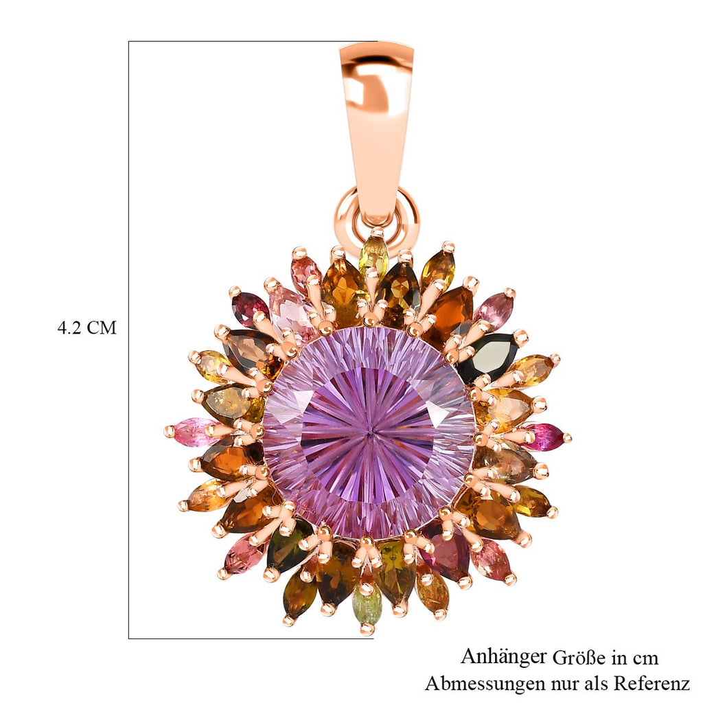 Hanabi Schliff - Rose De France Amethyst und mehrfarbiger Turmalin-Anhänger 925 Silber Roségold Vermeil ca. 14.22 ct