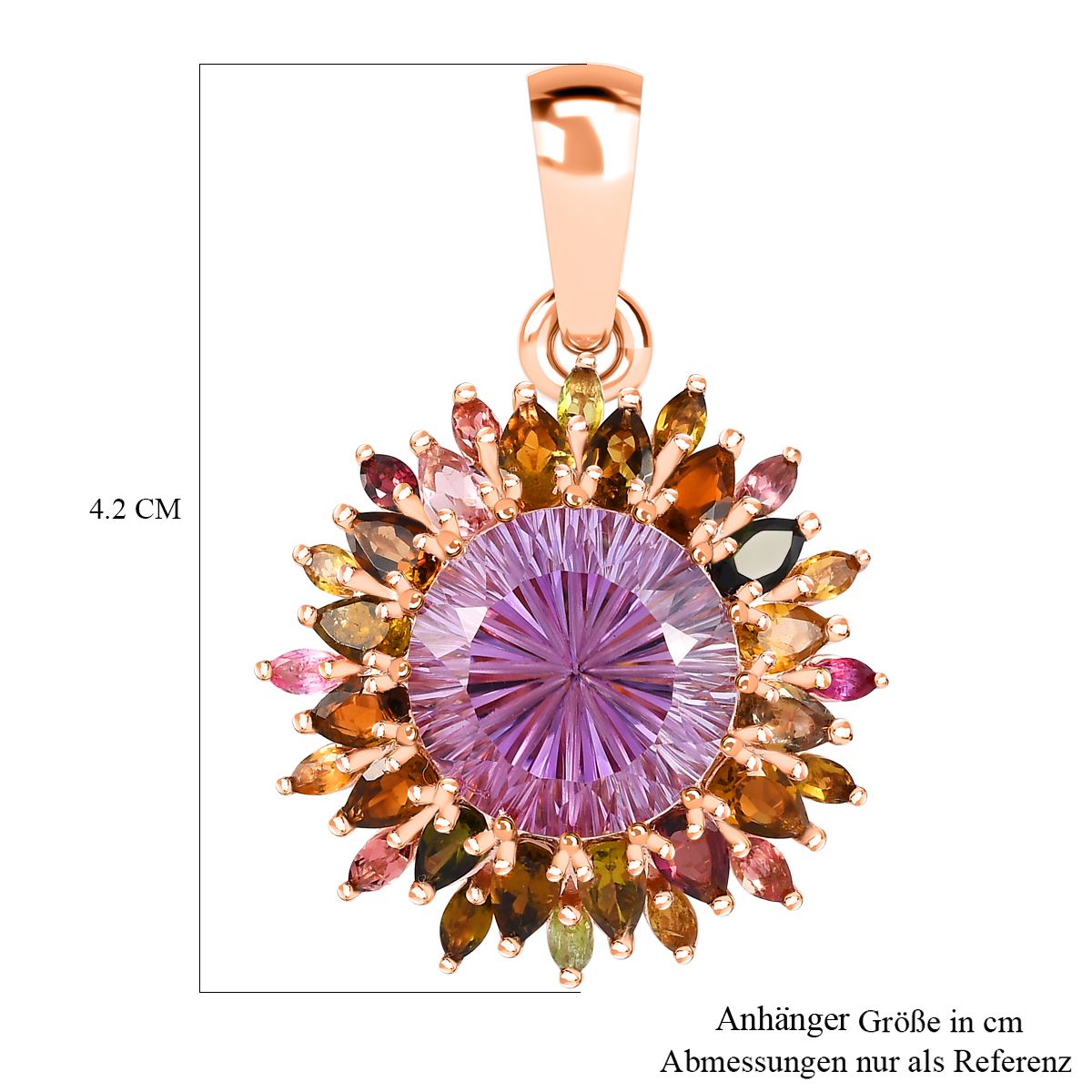 Hanabi Schliff - Rose De France Amethyst und mehrfarbiger Turmalin-Anhänger 925 Silber Roségold Vermeil ca. 14.22 ct