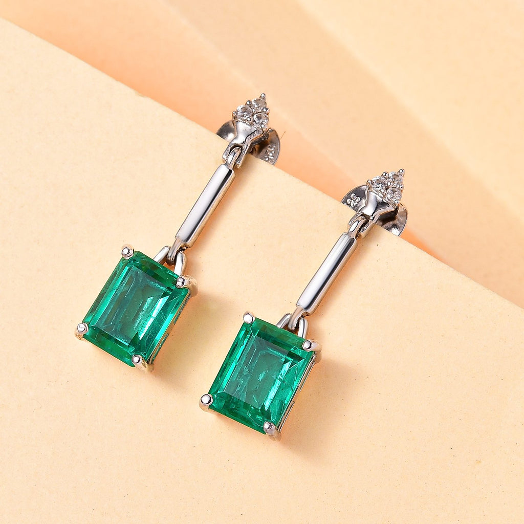 Smaragd-Triplette-Quarz, weißer Zirkon Ohrringe, 925 Silber platiniert ca. 3.70 ct