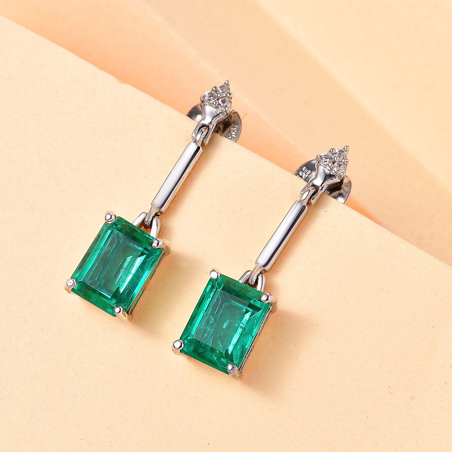 Smaragd-Triplette-Quarz, weißer Zirkon Ohrringe, 925 Silber platiniert ca. 3.70 ct