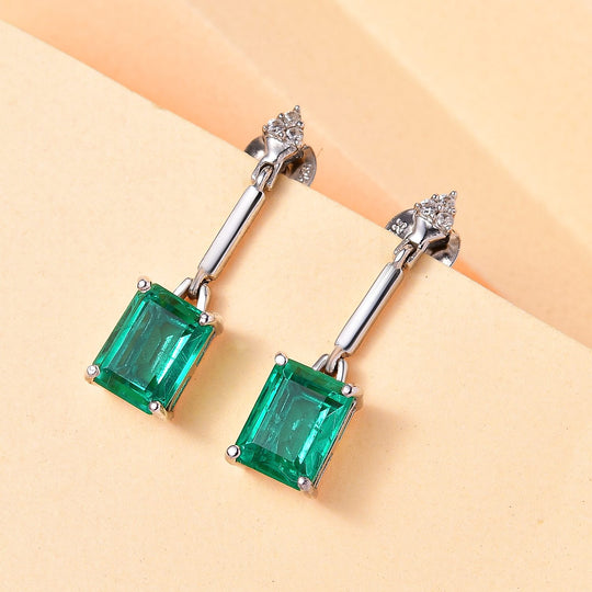 Smaragd-Triplette-Quarz, weißer Zirkon Ohrringe, 925 Silber platiniert ca. 3.70 ct