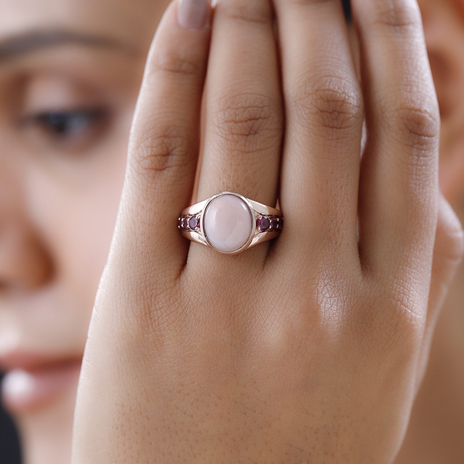 Natürlicher Peruanischer Rosa-Opal, Natürlicher Rhodolith Granat Ring, 925 Silber rosévergoldet (Größe 21.00) ca. 4.71 ct