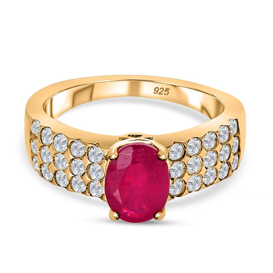 Afrikanischer Rubin (Fissure gefüllt), weißer Zirkon Ring 925 Silber vergoldet (Größe 20.00) ca. 2.83 ct