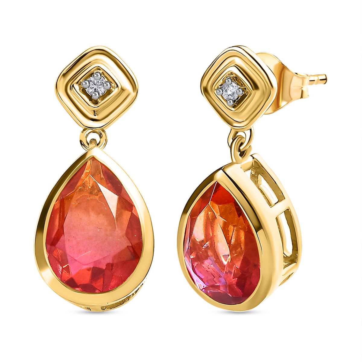 Sunset Quarz Triplette, weißer Zirkon Ohrringe, 925 Silber vergoldet ca. 4.22 ct