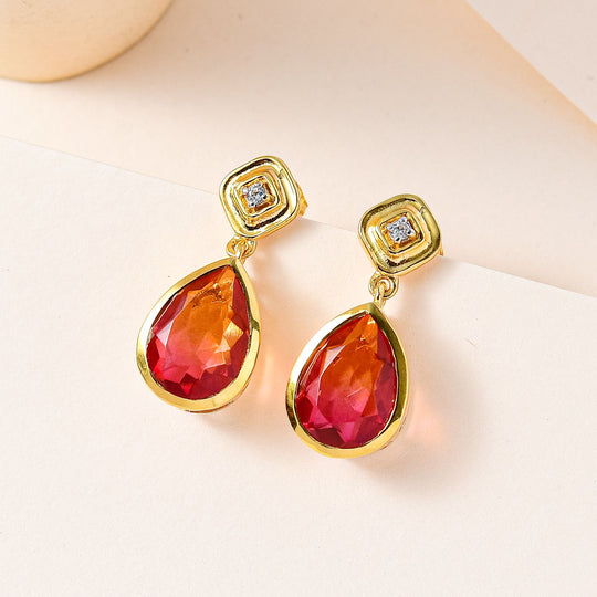 Sunset Quarz Triplette, weißer Zirkon Ohrringe, 925 Silber vergoldet ca. 4.22 ct