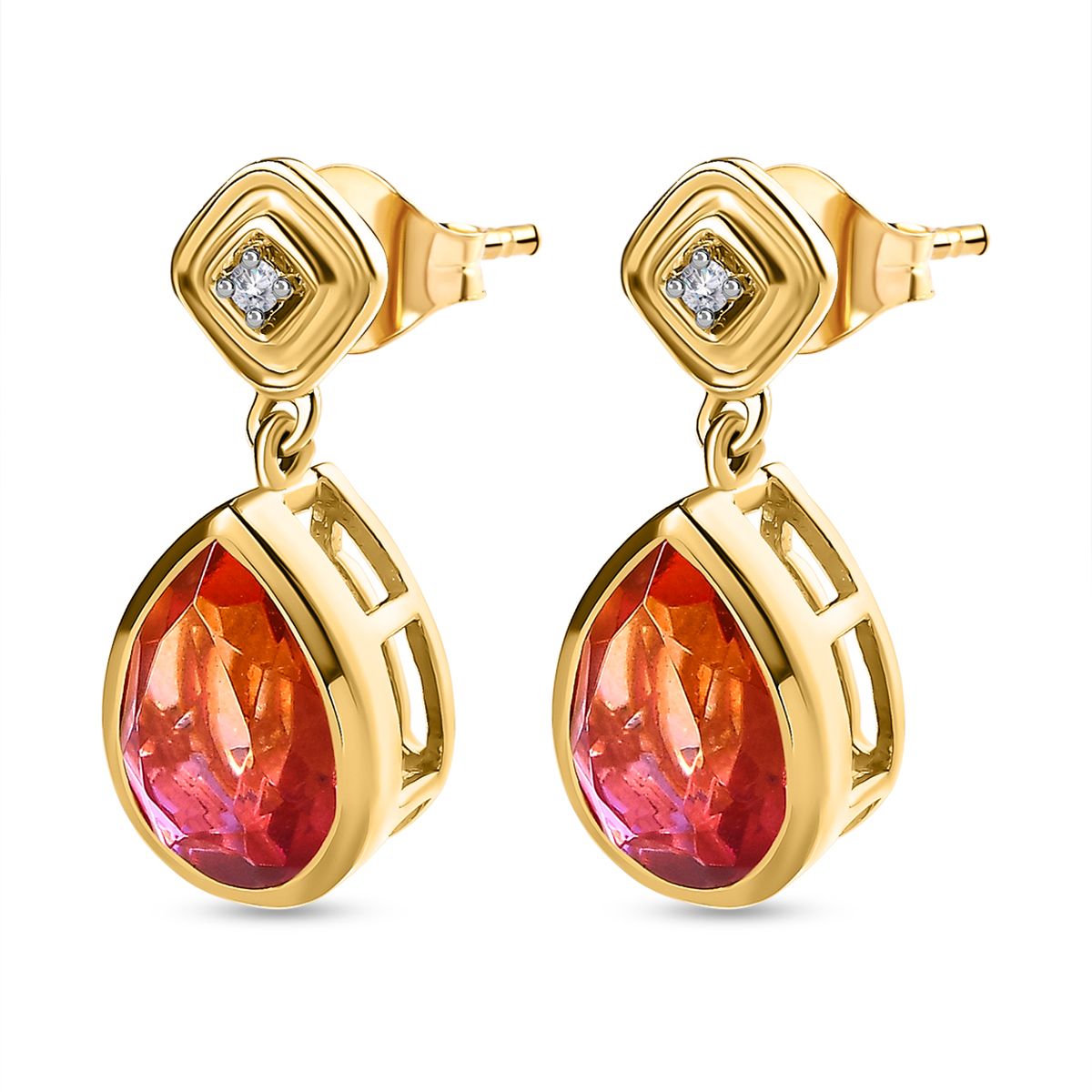 Sunset Quarz Triplette, weißer Zirkon Ohrringe, 925 Silber vergoldet ca. 4.22 ct