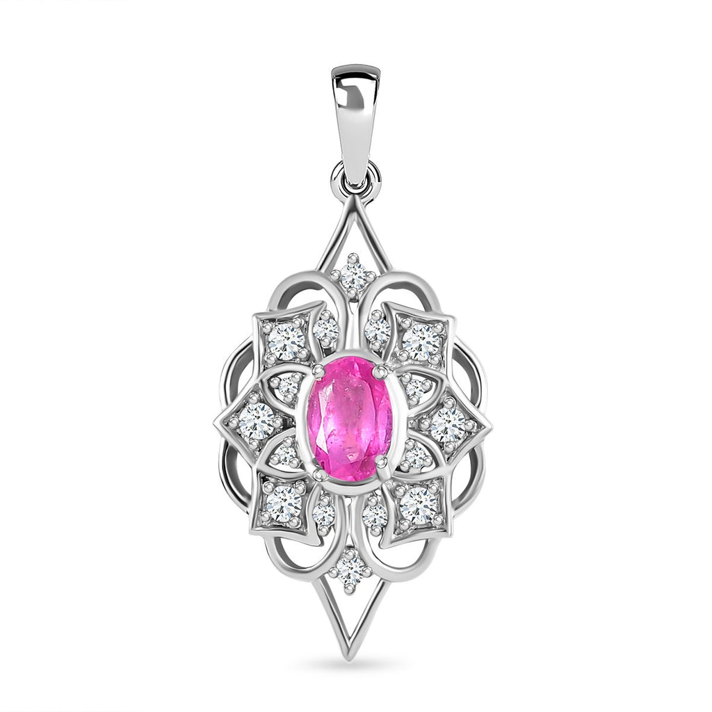 Ilakaka Rosa Saphir (Fissure gefüllt), weißer Zirkon Anhänger, 925 Silber platiniert ca. 1.49 ct