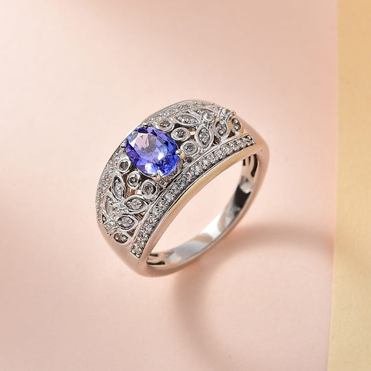 AA Tansanit, weißer Zirkon Ring 925 Silber platiniert (Größe 21.00) ca. 1.66 ct