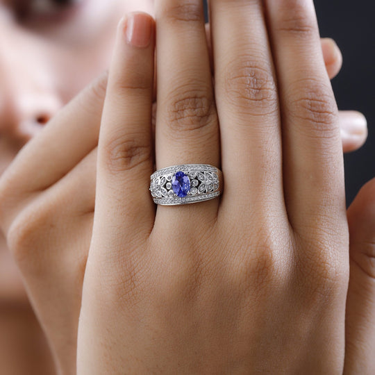 AA Tansanit, weißer Zirkon Ring 925 Silber platiniert (Größe 21.00) ca. 1.66 ct
