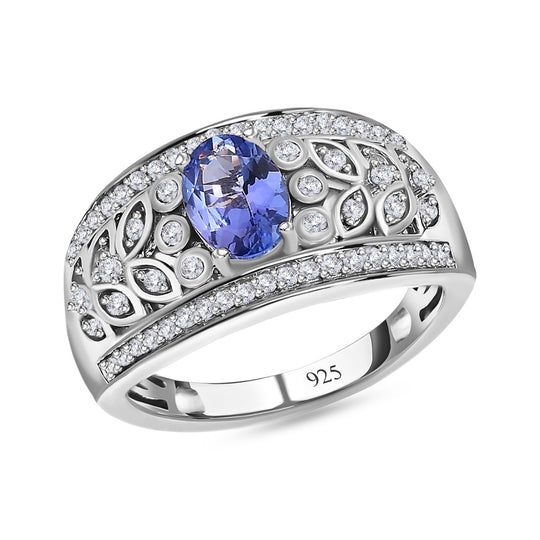 AA Tansanit, weißer Zirkon Ring 925 Silber platiniert (Größe 21.00) ca. 1.66 ct