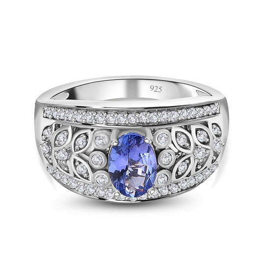 AA Tansanit, weißer Zirkon Ring 925 Silber platiniert (Größe 21.00) ca. 1.66 ct
