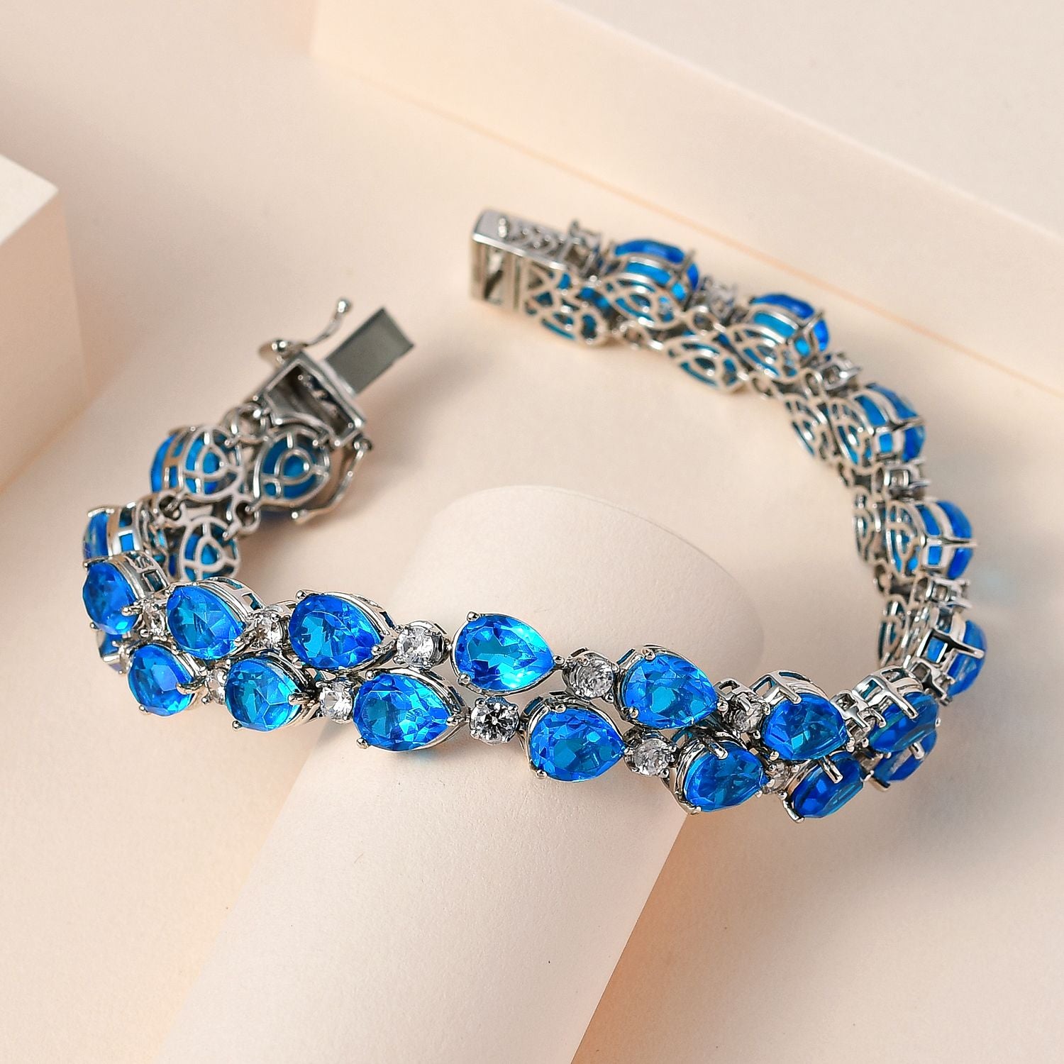 Karibik Quarz, weißer Zirkon Armband, ca. 20 cm, 925 Silber platiniert, ca. 43.67 ct