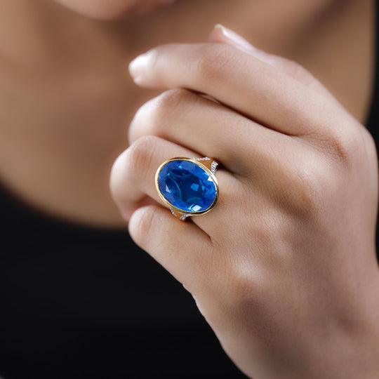 Karibik Quarz, weißer Zirkon Ring, 925 Silber vergoldet, (Größe 17.00) ca. 20.09 ct