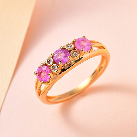 Ilakaka Rosa Saphir (Fissure gefüllt), weißer Zirkon Ring, 925 Silber vergoldet ca. 1.15 ct