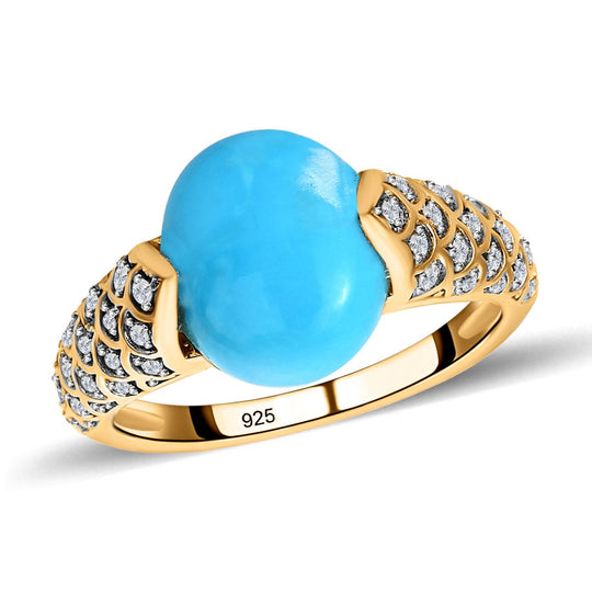 Amerikanischer, natürlicher Sleeping Beauty Türkis, weißer Zirkon Ring, 925 Silber Gelbgold Vermeil (Größe 21.00) ca. 4.02 ct