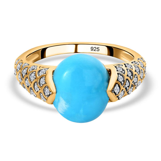 Amerikanischer, natürlicher Sleeping Beauty Türkis, weißer Zirkon Ring, 925 Silber Gelbgold Vermeil (Größe 21.00) ca. 4.02 ct