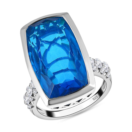 Karibik Quarz, weißer Zirkon Ring, 925 Silber platiniert, (Größe 19.00) ca. 17.77 ct