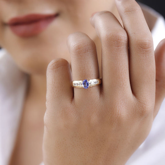 AA Tansanit, weißer Zirkon Ring, 925 Silber Gelbgold Vermeil, (Größe 20.00) ca. 1.05 ct