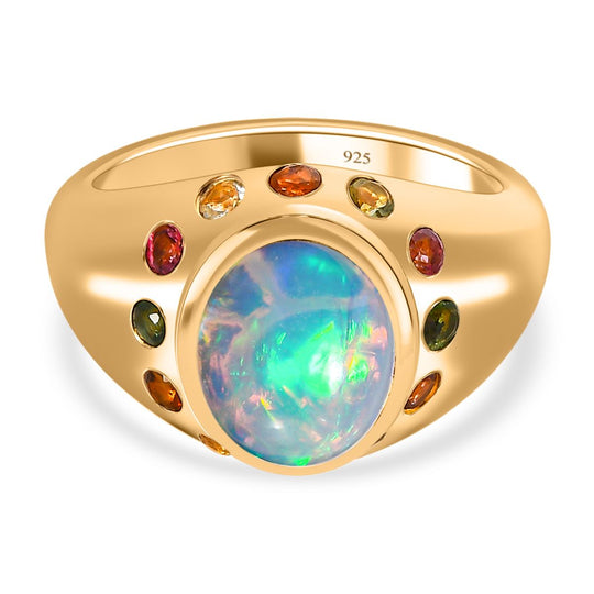 Natürlicher, äthiopischer Welo Opal, mehrfarbiger-Turmalin Ring, 925 Silber Gelbgold Vermeil (Größe 17.00) ca. 2.18 ct