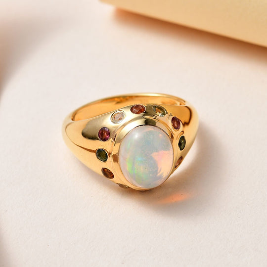 Natürlicher, äthiopischer Welo Opal, mehrfarbiger-Turmalin Ring, 925 Silber Gelbgold Vermeil (Größe 17.00) ca. 2.18 ct