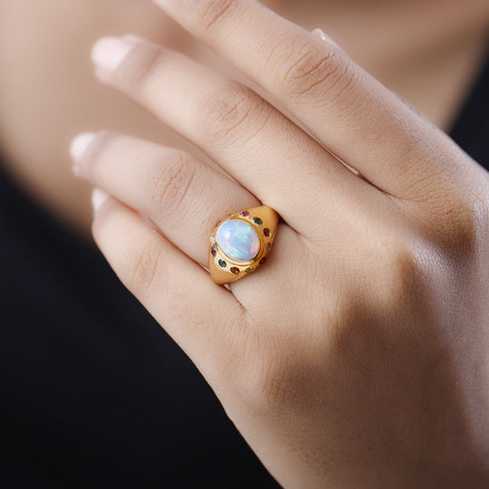 Natürlicher, äthiopischer Welo Opal, mehrfarbiger-Turmalin Ring, 925 Silber Gelbgold Vermeil (Größe 17.00) ca. 2.18 ct