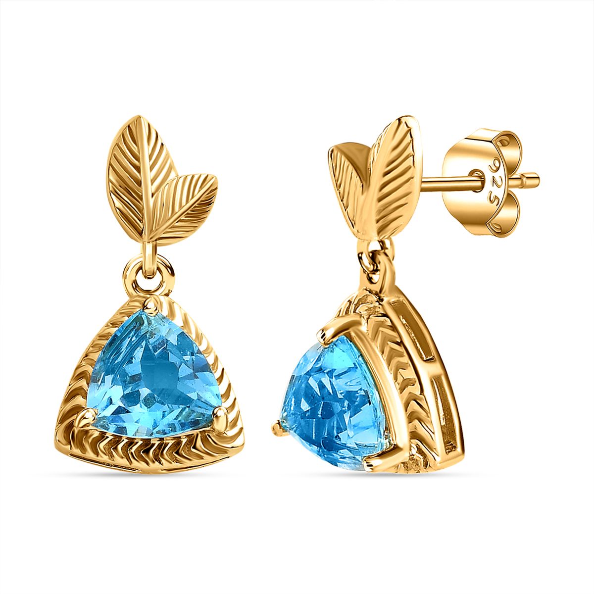 Schweizer Blautopas Ohrringe 925 Silber Gelbgold Vermeil ca. 2,68 ct.