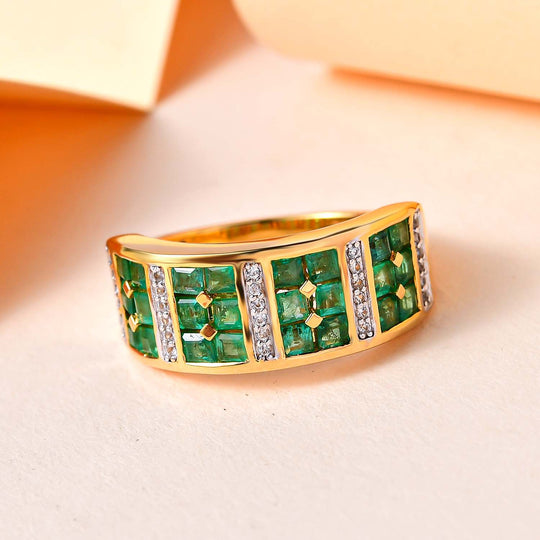 Kagem Sambischer Smaragd, weißer Zirkon Ring, 925 Silber Gelbgold Vermeil (Größe 19.00) ca. 1.71 ct