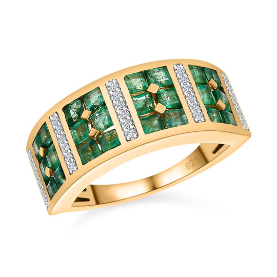 Kagem Sambischer Smaragd, weißer Zirkon Ring, 925 Silber Gelbgold Vermeil (Größe 19.00) ca. 1.71 ct