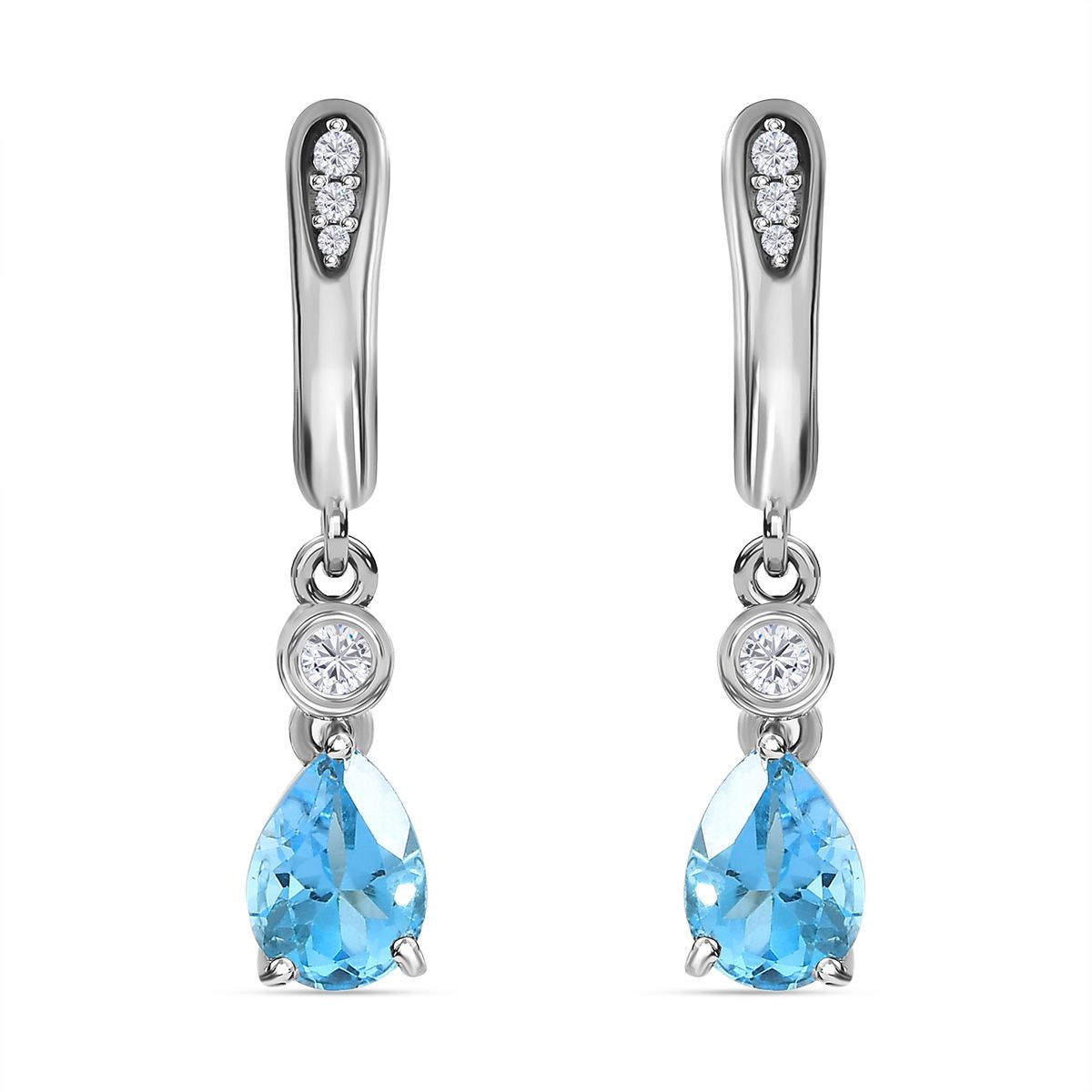 Schweizer Blautopas, weißer Zirkon Ohrringe, 925 Silber platiniert, ca. 1.85 ct