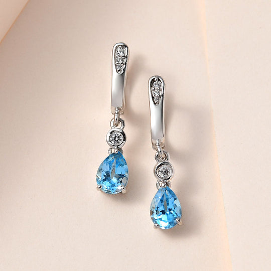 Schweizer Blautopas, weißer Zirkon Ohrringe, 925 Silber platiniert, ca. 1.85 ct