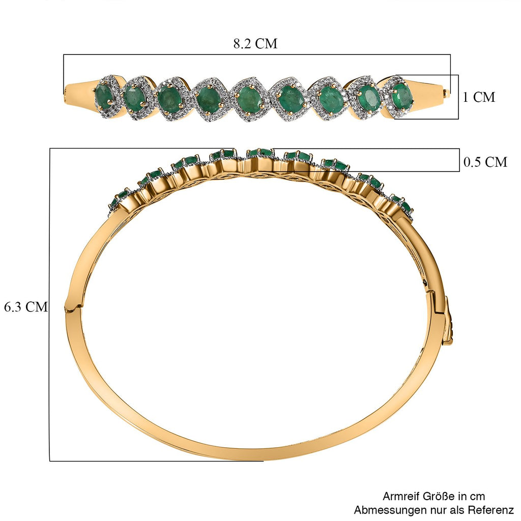 Kagem Sambischer Smaragd, weißer Zirkon Armreif, ca. 19 cm 925 Silber Gelbgold Vermeil ca. 4.39 ct