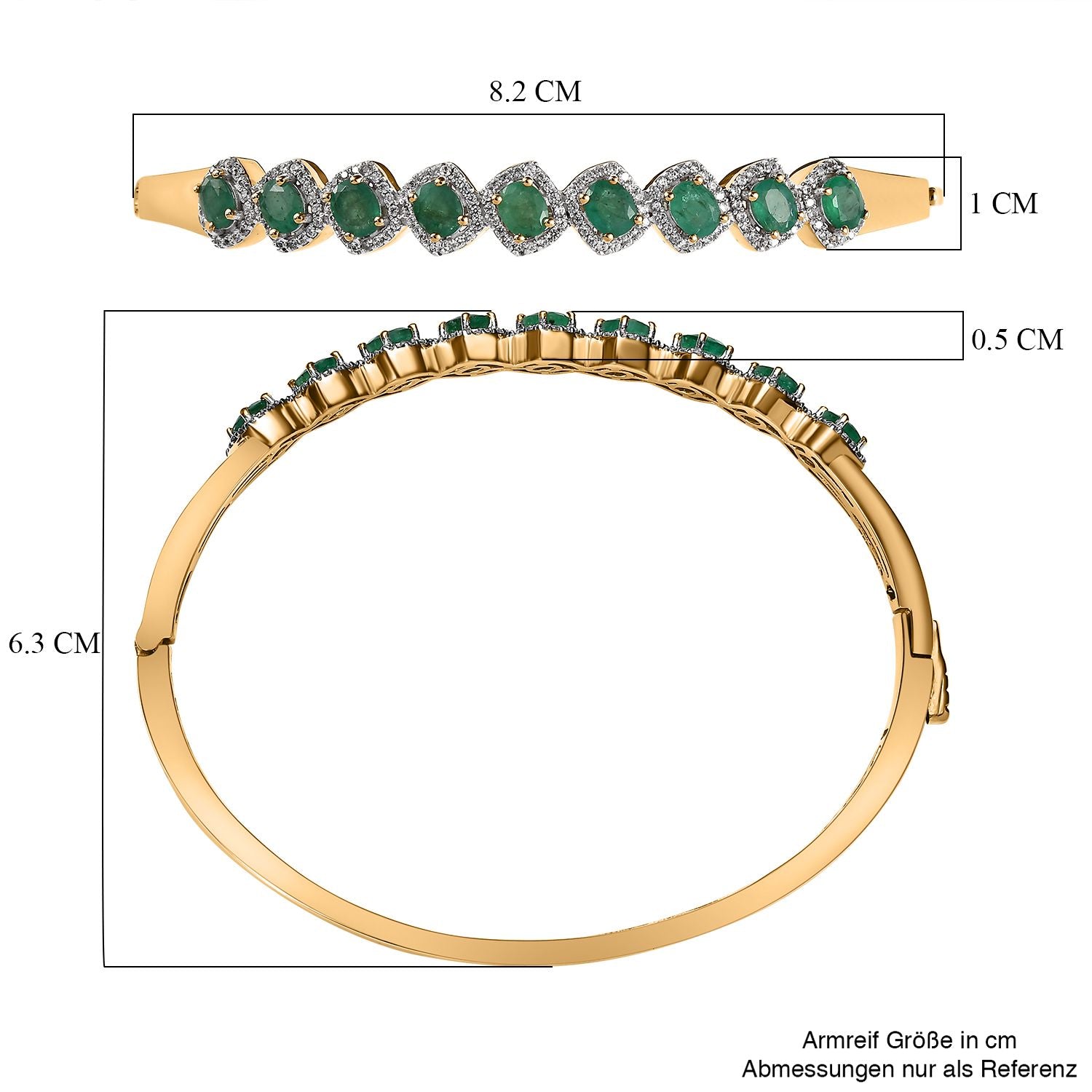 Kagem Sambischer Smaragd, weißer Zirkon Armreif, ca. 19 cm 925 Silber Gelbgold Vermeil ca. 4.39 ct
