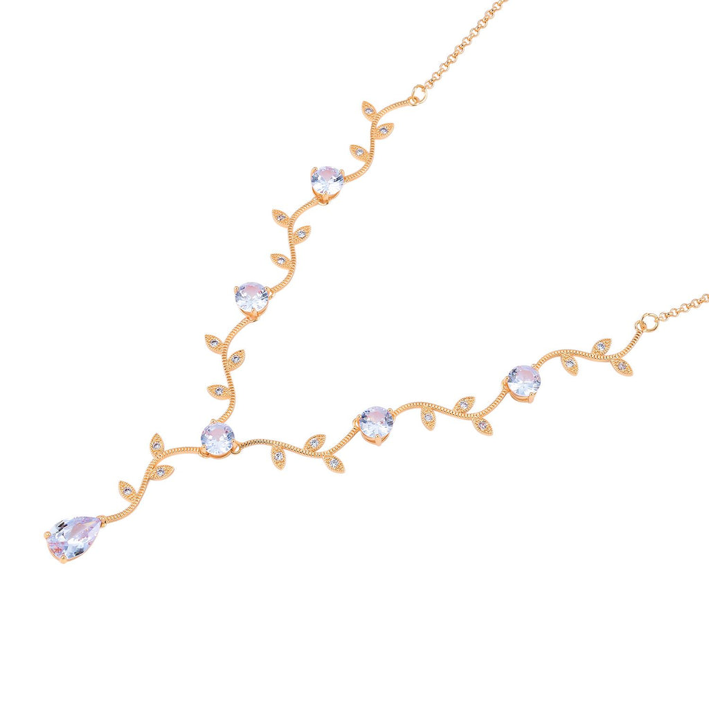 Glitzernde weiße Kristall-Lariat-Halskette mit Blättern, ca. 50 cm Reines Messing