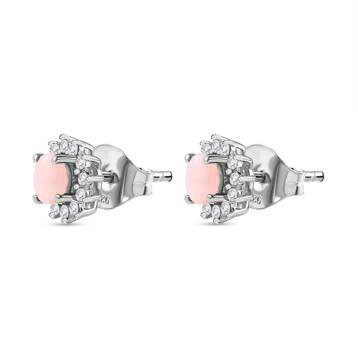 Natürliche Peruanische Rosa-Opal und Weißer Zirkon Ohrringe, 925 Silber platiniert, ca. 1.47 ct