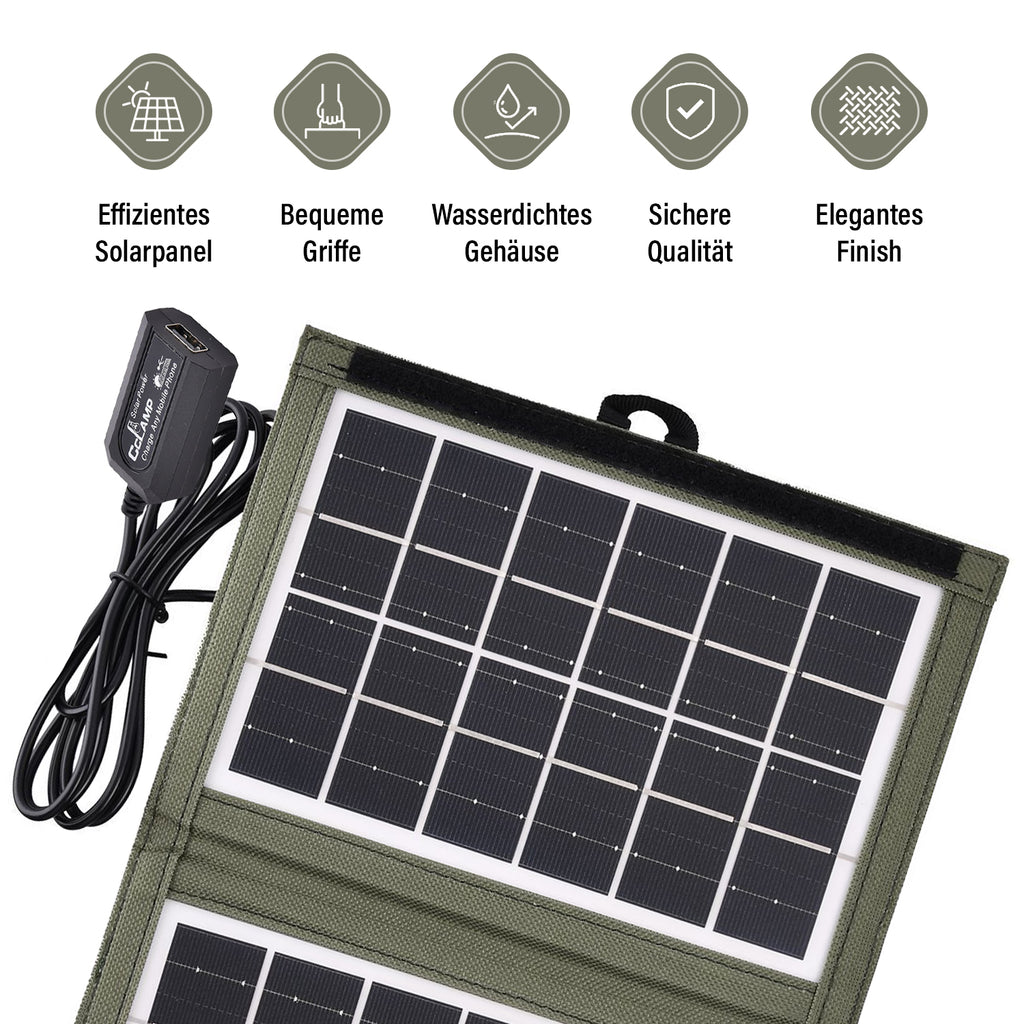 Tragbares Solarpanel, 7W, USB und Mehrfachanschlüsse, Wasserdichtes Etui, 15x20 cm