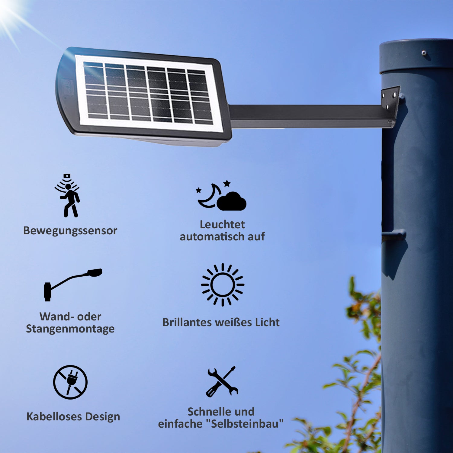 Solarlampe mit Sensor für den Außenbereich, 6x6.4x31cm, Schwarz